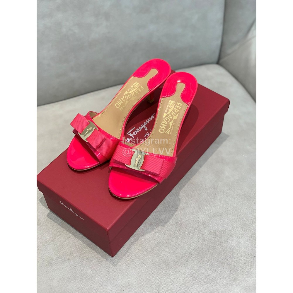 Salvatore Ferragamo New Patent Leather Bow High Heel Slippers For Women Rose Red