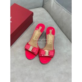 Salvatore Ferragamo New Patent Leather Bow High Heel Slippers For Women Rose Red