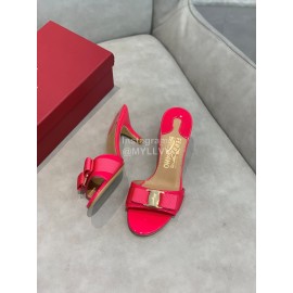 Salvatore Ferragamo New Patent Leather Bow High Heel Slippers For Women Rose Red