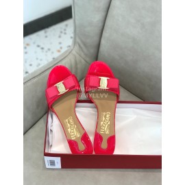 Salvatore Ferragamo New Patent Leather Bow High Heel Slippers For Women Rose Red