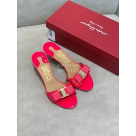 Salvatore Ferragamo New Patent Leather Bow High Heel Slippers For Women Rose Red