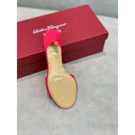 Salvatore Ferragamo New Patent Leather Bow High Heel Slippers For Women Rose Red