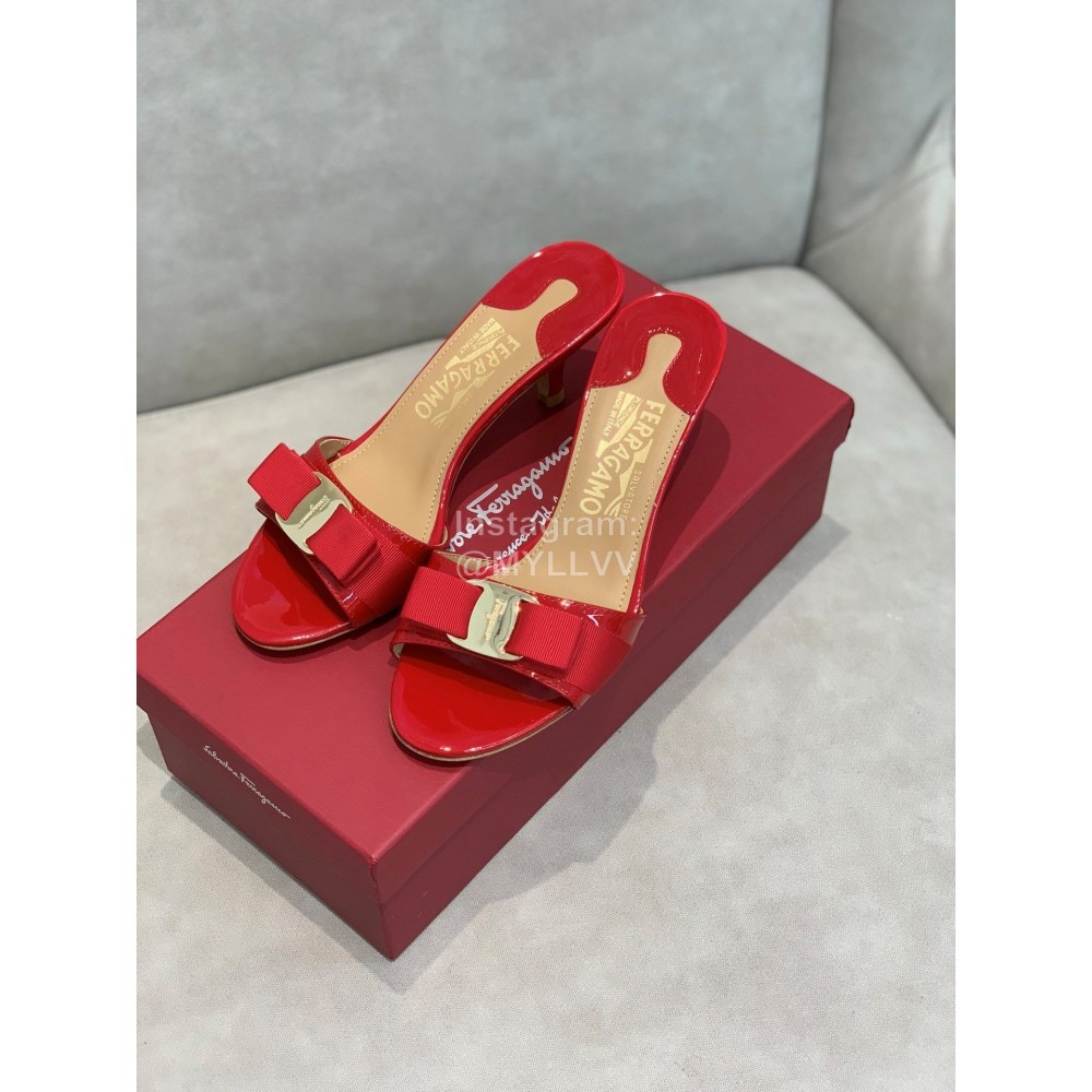 Salvatore Ferragamo New Patent Leather Bow High Heel Slippers For Women Red