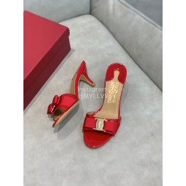 Salvatore Ferragamo New Patent Leather Bow High Heel Slippers For Women Red
