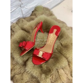 Salvatore Ferragamo New Patent Leather Bow High Heel Slippers For Women Red