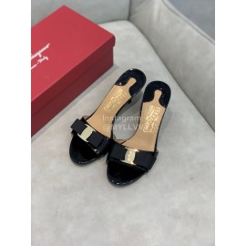 Salvatore Ferragamo New Patent Leather Bow High Heel Slippers For Women Black