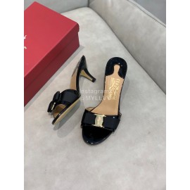 Salvatore Ferragamo New Patent Leather Bow High Heel Slippers For Women Black