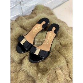 Salvatore Ferragamo New Patent Leather Bow High Heel Slippers For Women Black