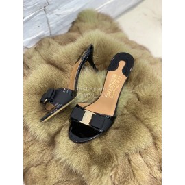 Salvatore Ferragamo New Patent Leather Bow High Heel Slippers For Women Black