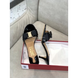Salvatore Ferragamo New Patent Leather Bow High Heel Slippers For Women Black