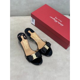 Salvatore Ferragamo New Patent Leather Bow High Heel Slippers For Women Black