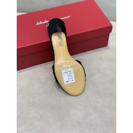 Salvatore Ferragamo New Patent Leather Bow High Heel Slippers For Women Black