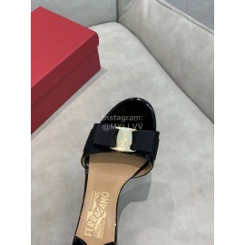 Salvatore Ferragamo New Patent Leather Bow High Heel Slippers For Women Black