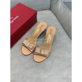 Salvatore Ferragamo New Patent Leather Bow High Heel Slippers For Women Khaki