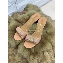 Salvatore Ferragamo New Patent Leather Bow High Heel Slippers For Women Khaki