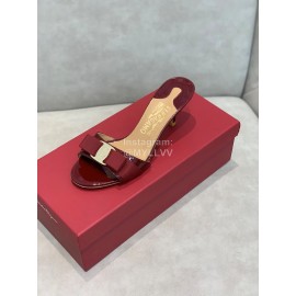 Salvatore Ferragamo New Patent Leather Bow High Heel Slippers For Women Wine Red