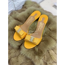 Salvatore Ferragamo New Patent Leather Bow High Heel Slippers For Women Yellow