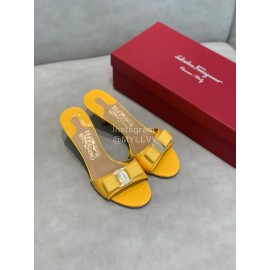 Salvatore Ferragamo New Patent Leather Bow High Heel Slippers For Women Yellow