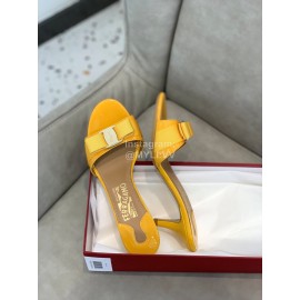 Salvatore Ferragamo New Patent Leather Bow High Heel Slippers For Women Yellow