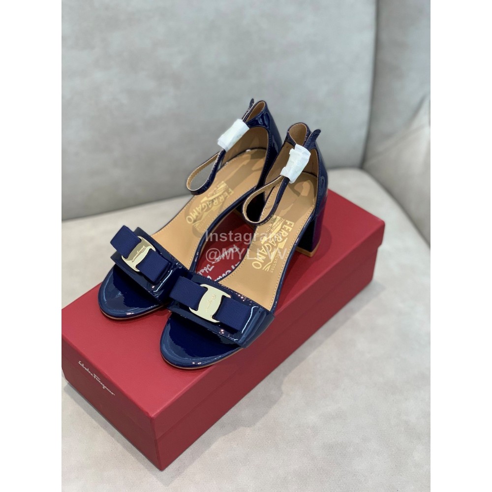 Salvatore Ferragamo New Patent Leather Bow High Heel Sandals For Women Blue