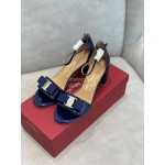 Salvatore Ferragamo New Patent Leather Bow High Heel Sandals For Women Blue