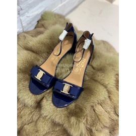 Salvatore Ferragamo New Patent Leather Bow High Heel Sandals For Women Blue