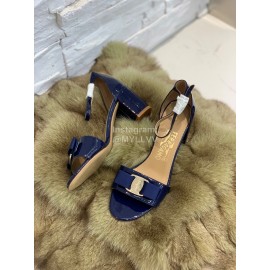 Salvatore Ferragamo New Patent Leather Bow High Heel Sandals For Women Blue