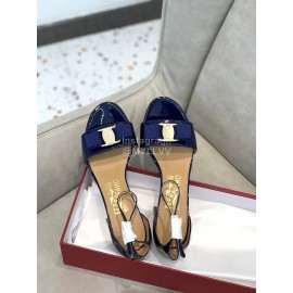 Salvatore Ferragamo New Patent Leather Bow High Heel Sandals For Women Blue