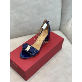 Salvatore Ferragamo New Patent Leather Bow High Heel Sandals For Women Blue