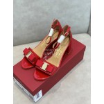 Salvatore Ferragamo New Patent Leather Bow High Heel Sandals For Women Red