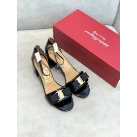 Salvatore Ferragamo New Patent Leather Bow High Heel Sandals For Women Black
