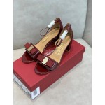 Salvatore Ferragamo New Patent Leather Bow High Heel Sandals For Women Wine Red