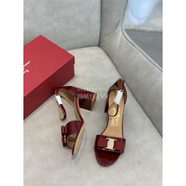 Salvatore Ferragamo New Patent Leather Bow High Heel Sandals For Women Wine Red