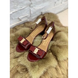 Salvatore Ferragamo New Patent Leather Bow High Heel Sandals For Women Wine Red