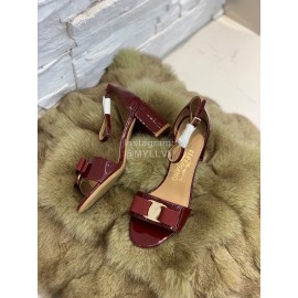 Salvatore Ferragamo New Patent Leather Bow High Heel Sandals For Women Wine Red