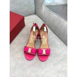 Salvatore Ferragamo New Patent Leather Bow High Heel Sandals For Women Rose Red