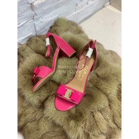 Salvatore Ferragamo New Patent Leather Bow High Heel Sandals For Women Rose Red