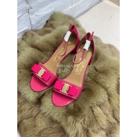 Salvatore Ferragamo New Patent Leather Bow High Heel Sandals For Women Rose Red