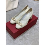 Salvatore Ferragamo New Round Head Gold Button Thick Heel Shoes For Women White