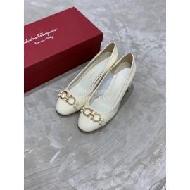 Salvatore Ferragamo New Round Head Gold Button Thick Heel Shoes For Women White