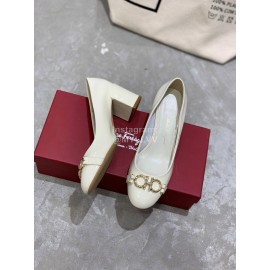 Salvatore Ferragamo New Round Head Gold Button Thick Heel Shoes For Women White