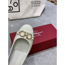 Salvatore Ferragamo New Round Head Gold Button Thick Heel Shoes For Women White