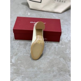 Salvatore Ferragamo New Round Head Gold Button Thick Heel Shoes For Women White