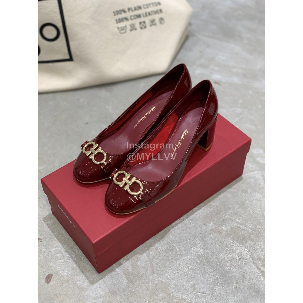 Salvatore Ferragamo New Round Head Gold Button Thick Heel Shoes For Women Wine Red