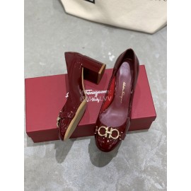 Salvatore Ferragamo New Round Head Gold Button Thick Heel Shoes For Women Wine Red