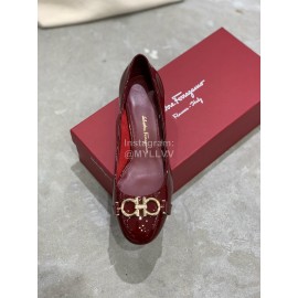 Salvatore Ferragamo New Round Head Gold Button Thick Heel Shoes For Women Wine Red