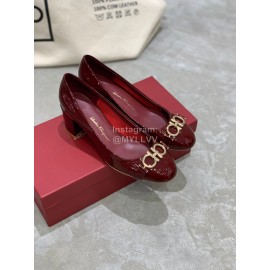 Salvatore Ferragamo New Round Head Gold Button Thick Heel Shoes For Women Wine Red