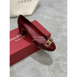 Salvatore Ferragamo New Round Head Gold Button Thick Heel Shoes For Women Wine Red