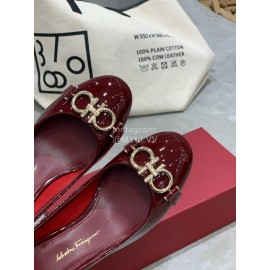 Salvatore Ferragamo New Round Head Gold Button Thick Heel Shoes For Women Wine Red