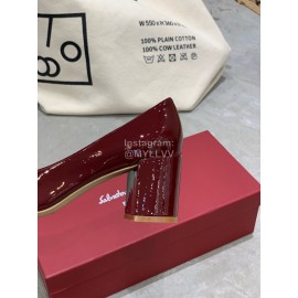 Salvatore Ferragamo New Round Head Gold Button Thick Heel Shoes For Women Wine Red